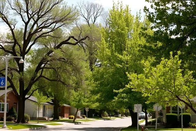 Street of 1960s split-level homes with mature trees in Arvada