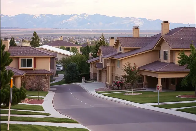 Suburban street of 1970s and 1980s two-story homes in Aurora with mountains in the distance