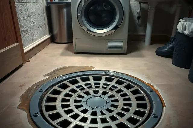 Metal floor drain in a basement laundry area
