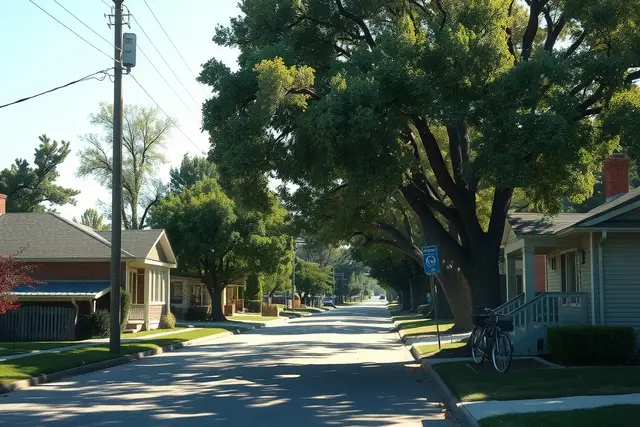 Residential street in Fort Collins with older bungalows and large cottonwood trees