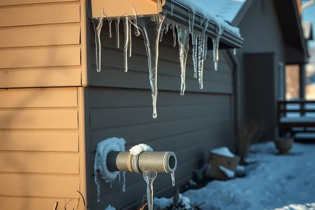 Frozen drain pipe outlet with ice on the side of a Colorado house in winter