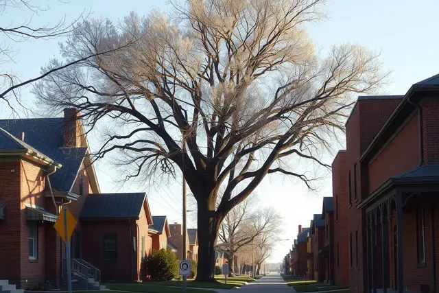 Older brick homes and large cottonwoods on a Greeley street