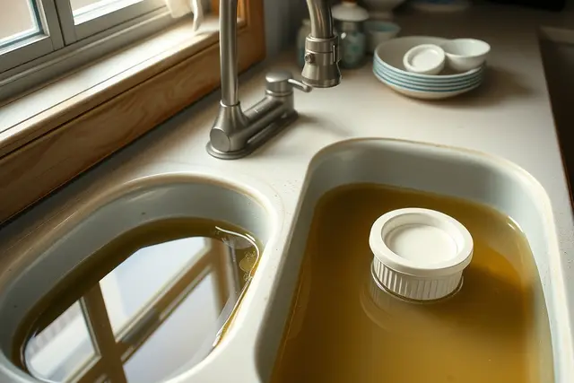 Double kitchen sink with murky water backed up in both basins