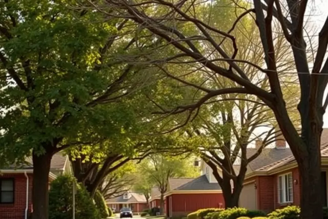 Older brick ranch homes under large trees in Littleton