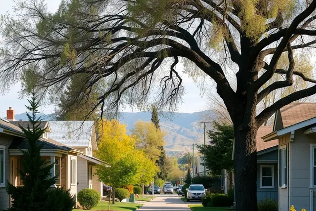 Residential street of older homes under large trees in Longmont