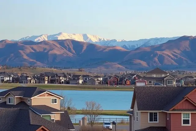 Homes near a lake with foothills behind in Loveland