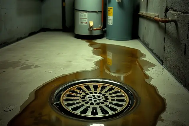 Dirty water pooled around a basement floor drain next to the water heater