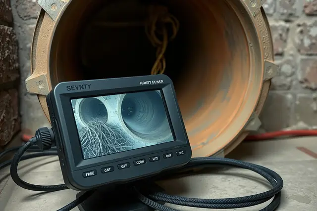 Sewer camera monitor showing roots inside a clay pipe