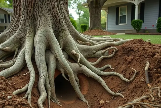 Tree roots grown into a cracked clay sewer pipe in a dug trench