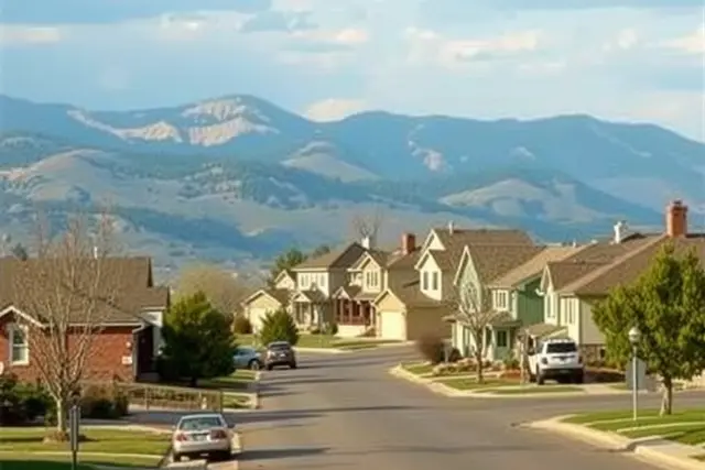 Suburban street of 1970s ranch and split-level houses in Westminster with foothills behind